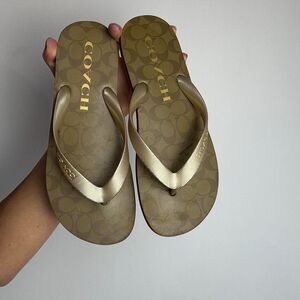 Coach Women's Gold and Tan Flipflops
